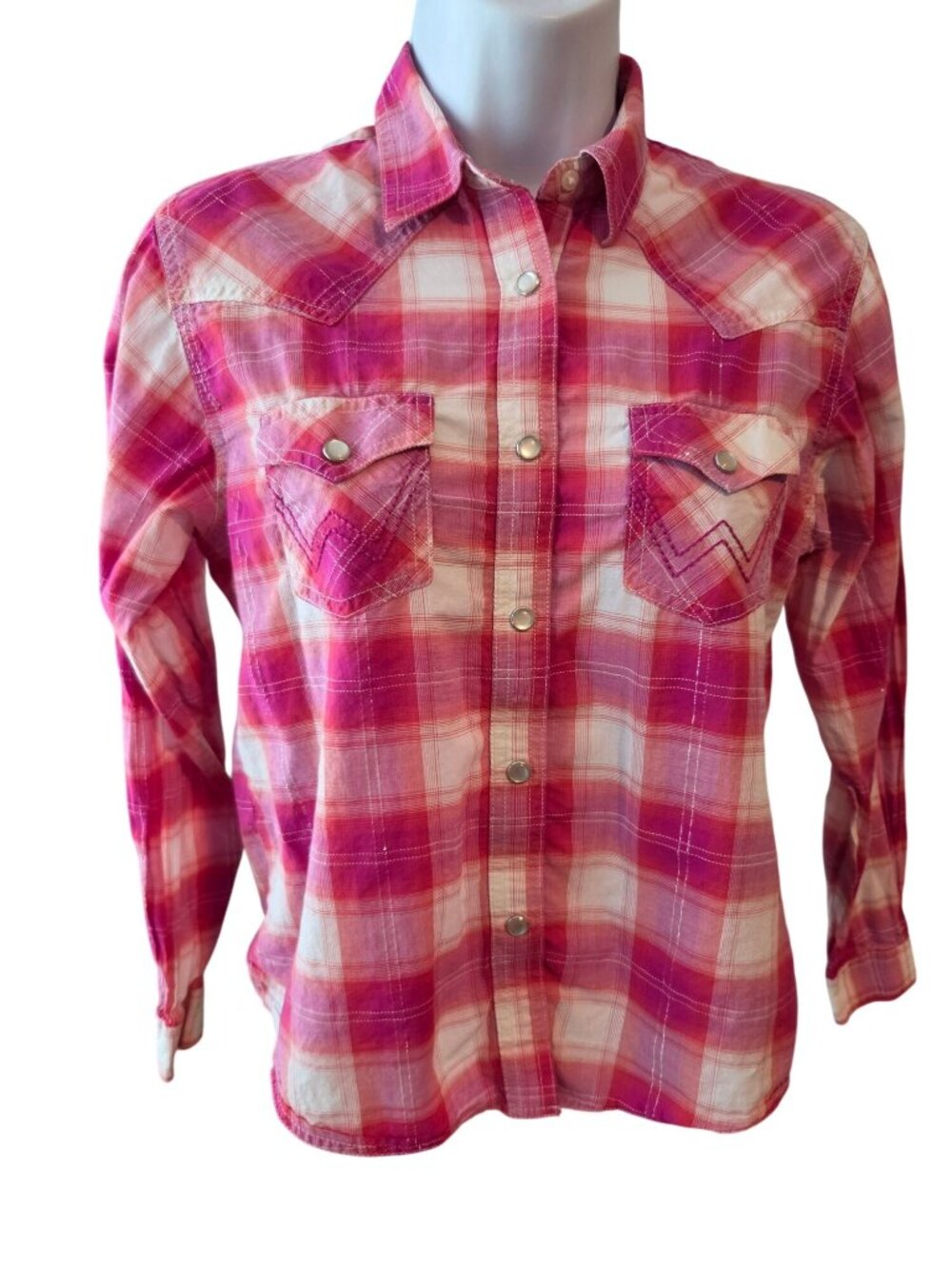 Wrangler Womens XXL Pink Plaid Pearl Snap Western Shirt Cowgirl Rodeo 2XL